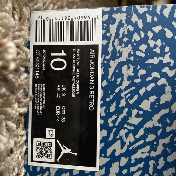 Air Jordan 3 Retro ‘Washington Wizards’ White Blue, size 10 with box - Picture 9 of 9